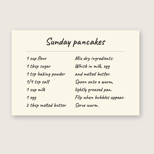 Custom recipe canvas showing the complete Sunday pancakes recipe and a printed ivory-toned border.