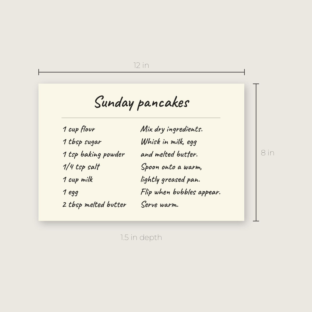 The Sunday pancakes recipe canvas with its width, height and depth marked.