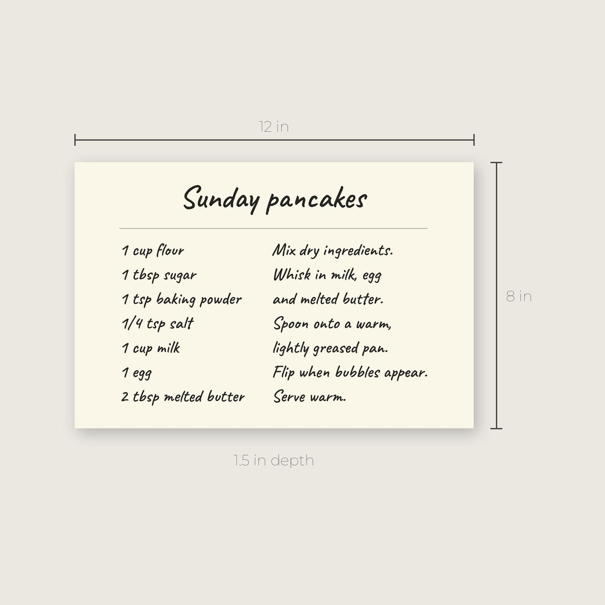 The Sunday pancakes recipe canvas with its width, height and depth marked.