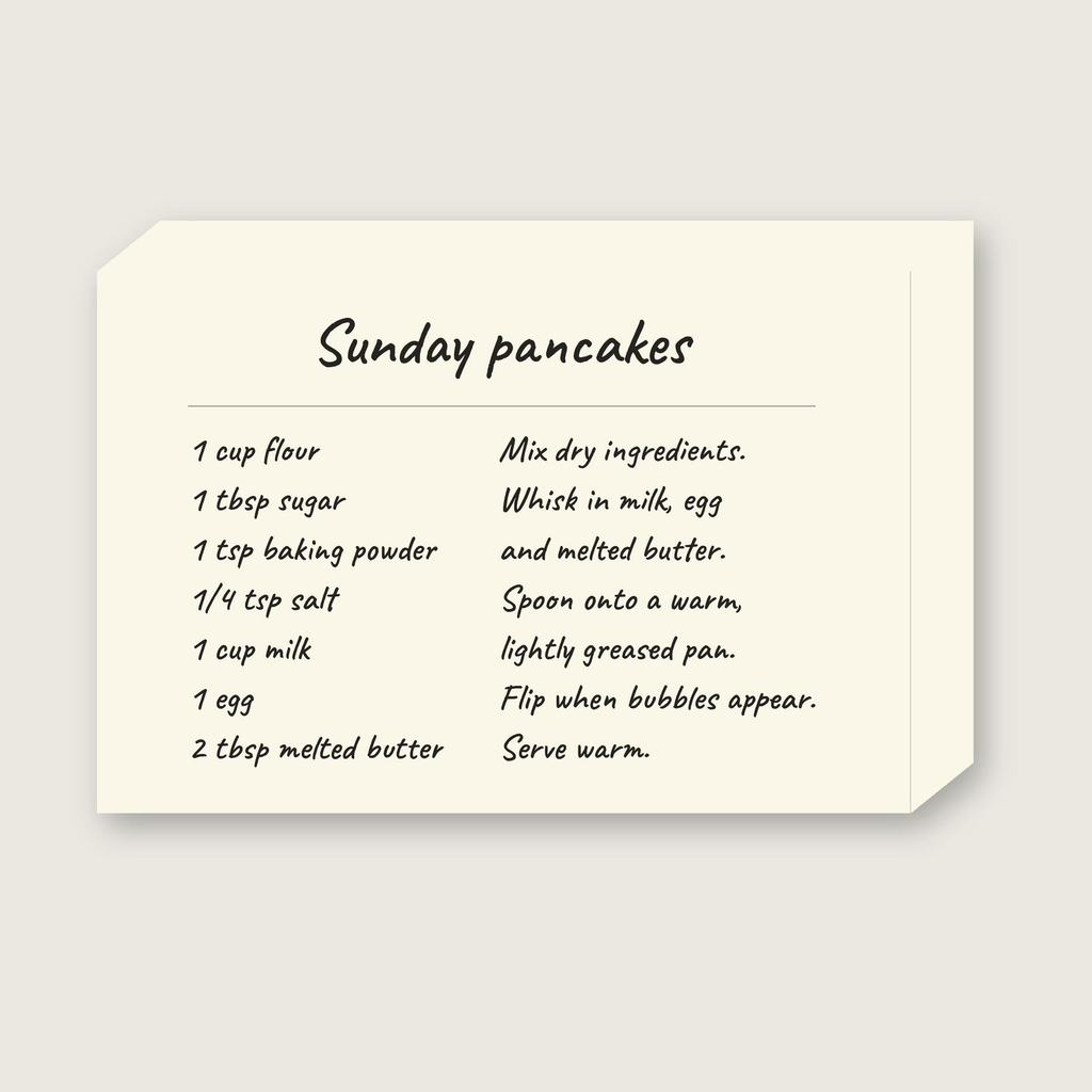 Angled view of the Sunday pancakes recipe canvas showing its gallery-wrap depth, with the cream background wrapping around the edges.