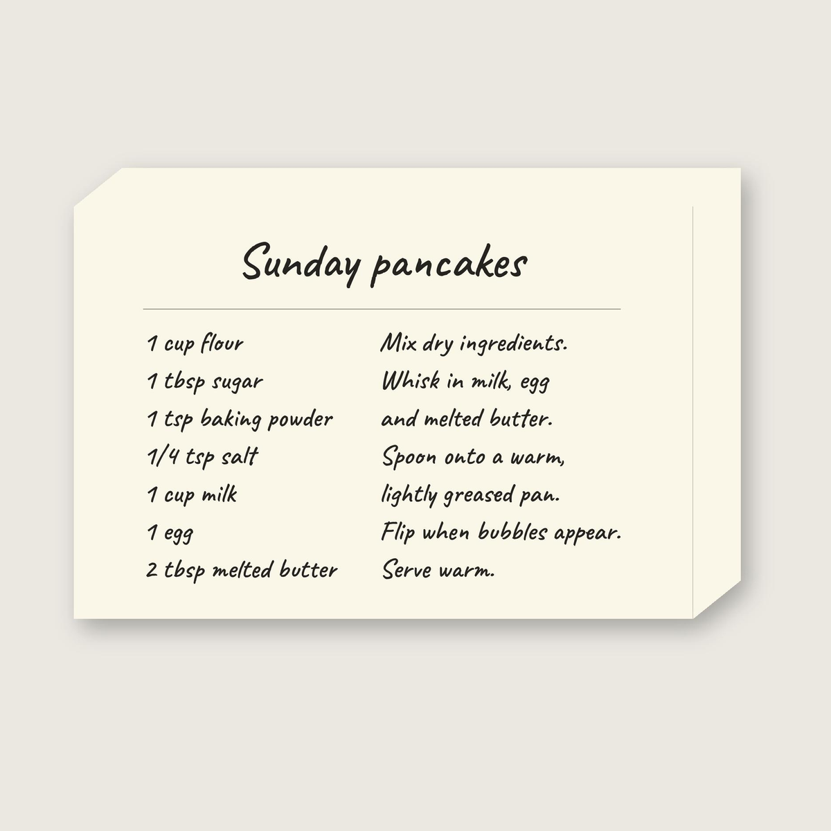 Angled view of the Sunday pancakes recipe canvas showing its gallery-wrap depth, with the cream background wrapping around the edges.
