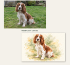 Original photo of a spaniel on grass above the same dog as a watercolor-style canvas.