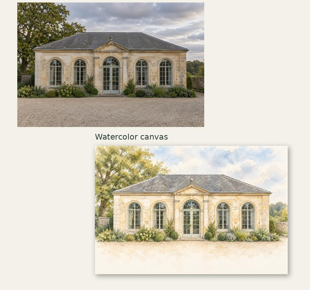 Original photo of a stone venue building above the same building as a watercolor-style canvas.
